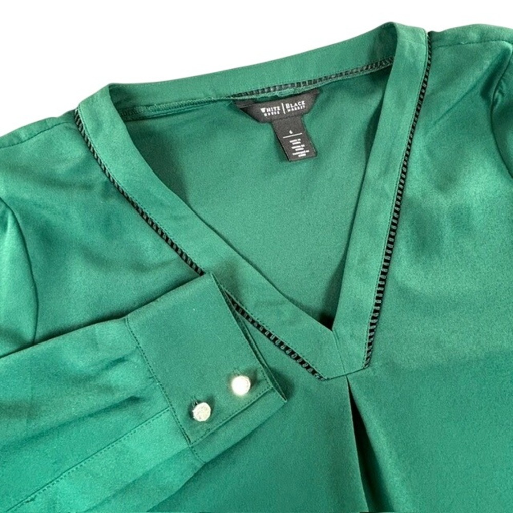 White House Black Market WHBM Green V-Neck Long Sleeve Blouse 6 Office Career